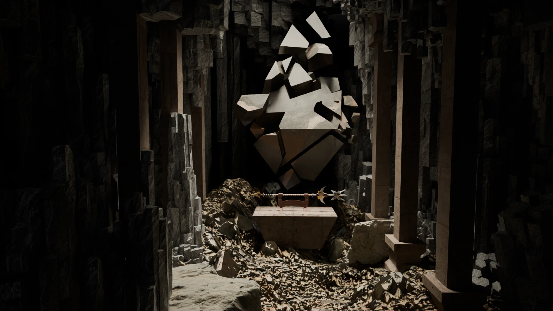Wonder Cave render: a shattered stone floating above a spear on a pedestal, between dark rock columns
