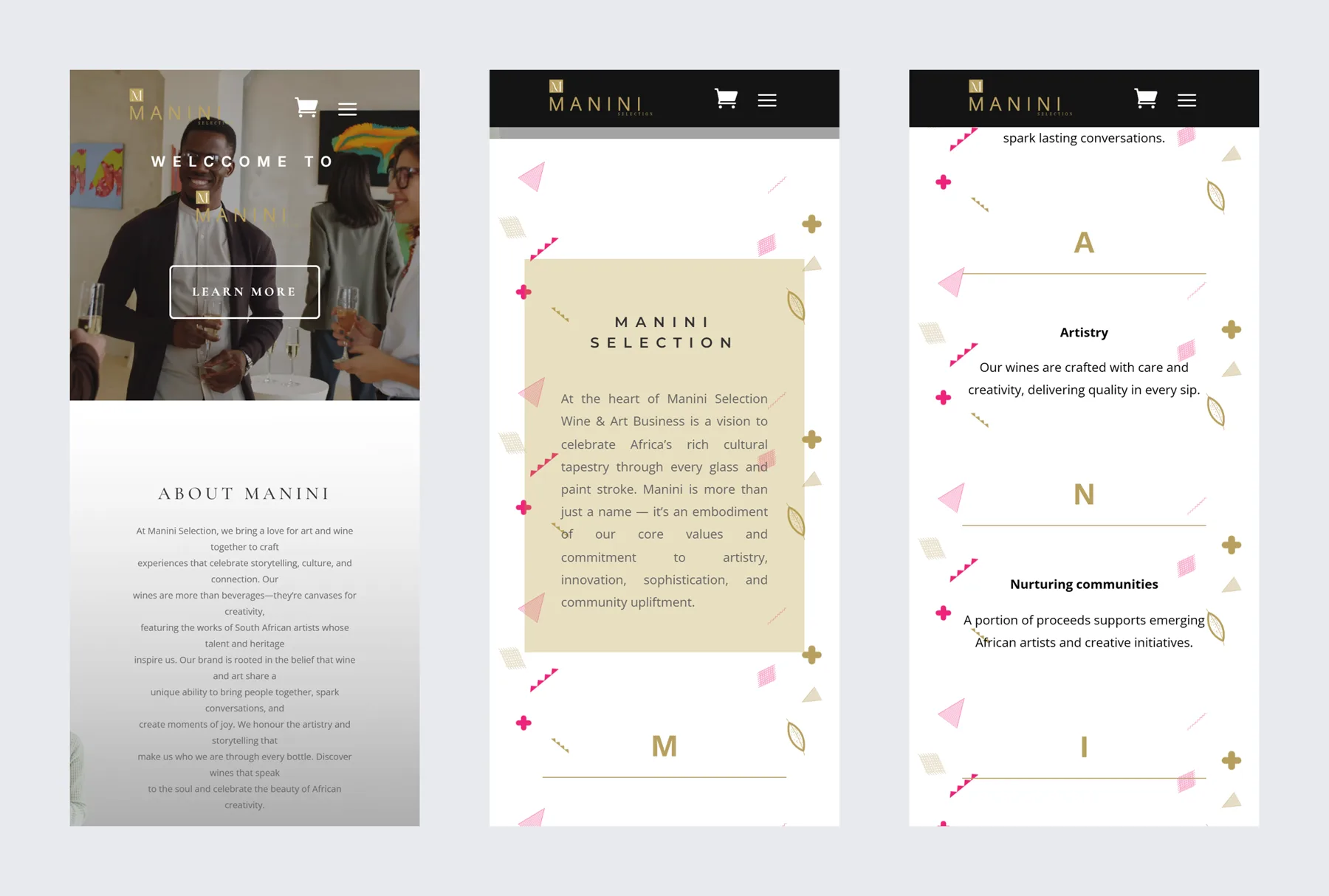 Manini Selection on mobile, three screens