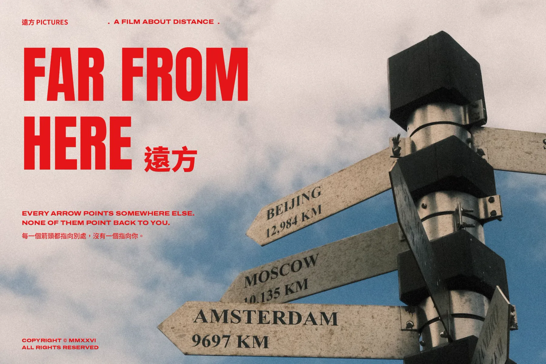 Far From Here 遠方: signpost pointing to Beijing, Moscow and Amsterdam
